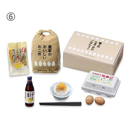 various food items and utensils, including a bag of eggs, a bottle of sauce, chopsticks, a bowl of rice, and two eggs.