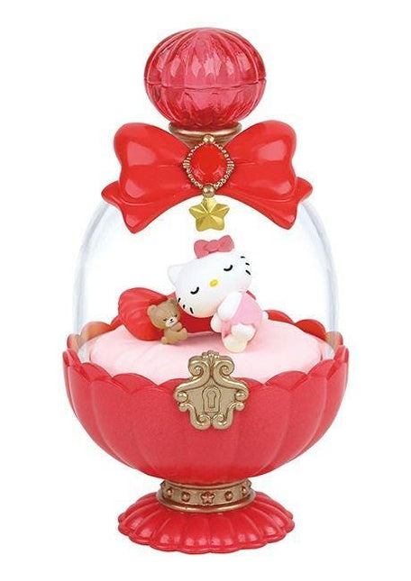 Red miniature doll case with character figurines inside, heart-shaped topper and bow
