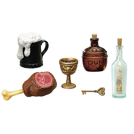 a set of miniature items including a wine glass, a wine bottle, and a