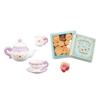 A tea set and a box of cookies are displayed in the image.