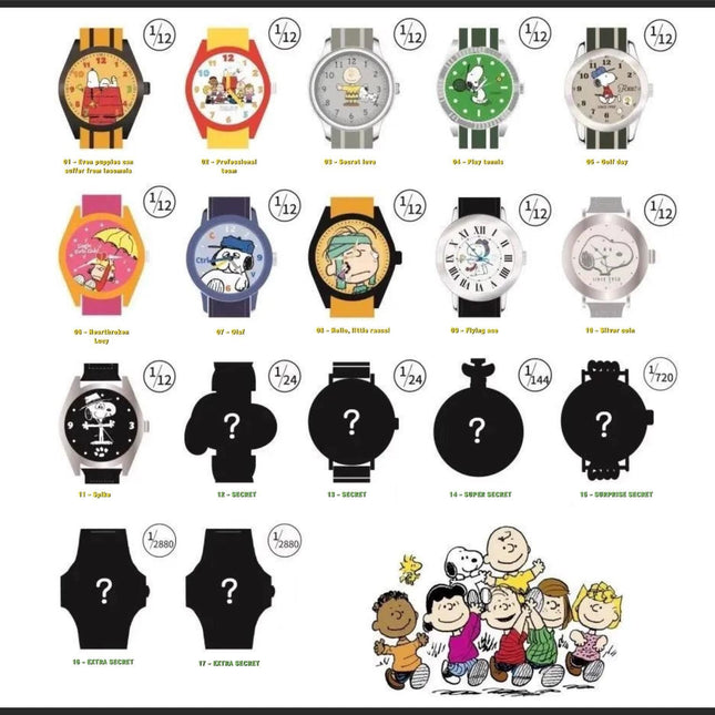 Assorted Snoopy wristwatch styles on a blind box display sheet