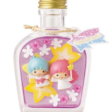 A glass bottle containing a purple liquid, with two small figurines of children inside. The figurines are surrounded by flowers and stars, creating a whimsical and colorful scene.