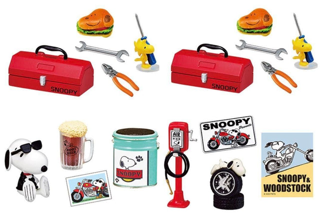 various items related to the character Snoopy, including a red toolbox, a motorcycle, a gas pump, a beer mug, and other miscellaneous objects.