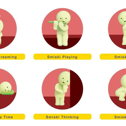 six circular illustrations of a small, white, cartoon-like figure, each depicting a different action or behavior. The illustrations include the figure napping, playing a musical instrument, hiding, thinking, and lifting. The illustrations are arranged in a grid format, with each row containing three illustrations. The labels below each illustration provide a description of the action or behavior depicted.