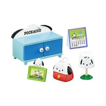 a variety of cartoon-themed items, including a blue cabinet, a calendar, a lamp, and a bag.
