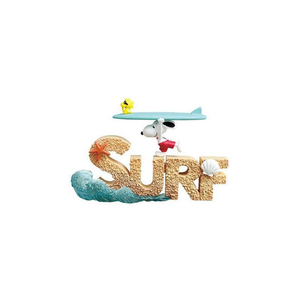 A figurine of a dog holding a surfboard, with the word "SURF" spelled out in a creative and playful way.