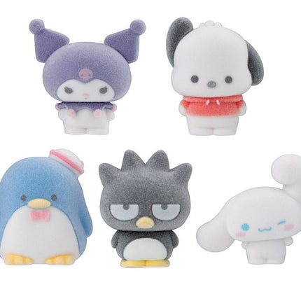 Set of five flocky plush capsule dolls: purple, white, gray, blue, and bunny-white
