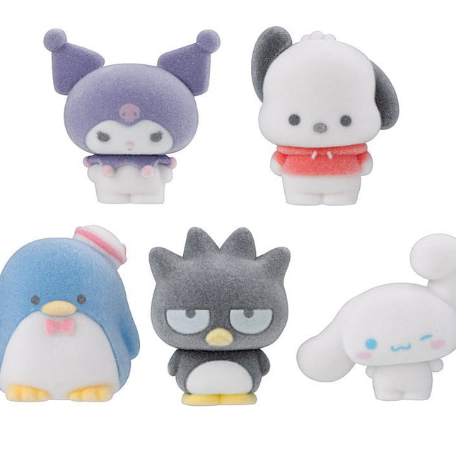 Set of five flocky plush capsule dolls: purple, white, gray, blue, and bunny-white
