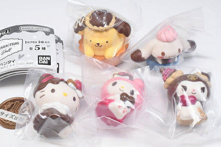 Set of five Sanrio chocolate character capsule dolls in clear plastic bags