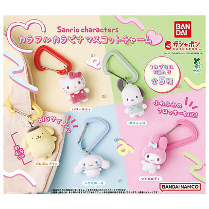 Sanrio character carabiner mascot charm set box showing five colorful charms