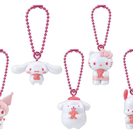 Five hanging pink-bead mascot keychains with white-and-pink bunny figures