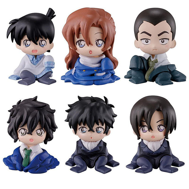 Chibi detective capsule toy set of six figures, black hair and blue outfits