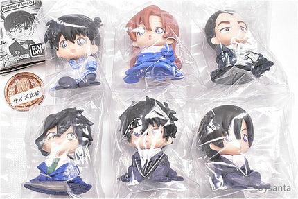 Clear bag of six chibi detective capsule toy figures, blue dress and dark outfits