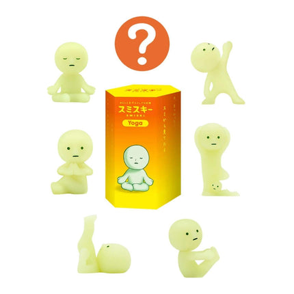 a collection of seven small, glowing figurines of people in various yoga poses, arranged around a yellow box with a question mark symbol.