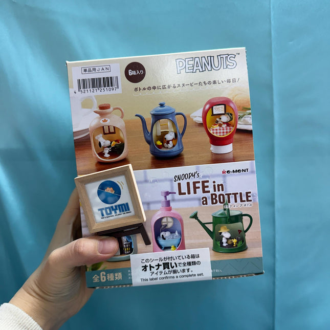 Miniature terrarium box set with Snoopy Life in a Bottle bottles, held in hand