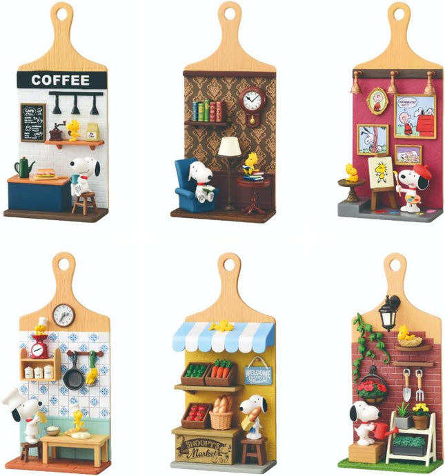 six different scenes depicting various miniature figurines or displays, each with a unique theme and setting.