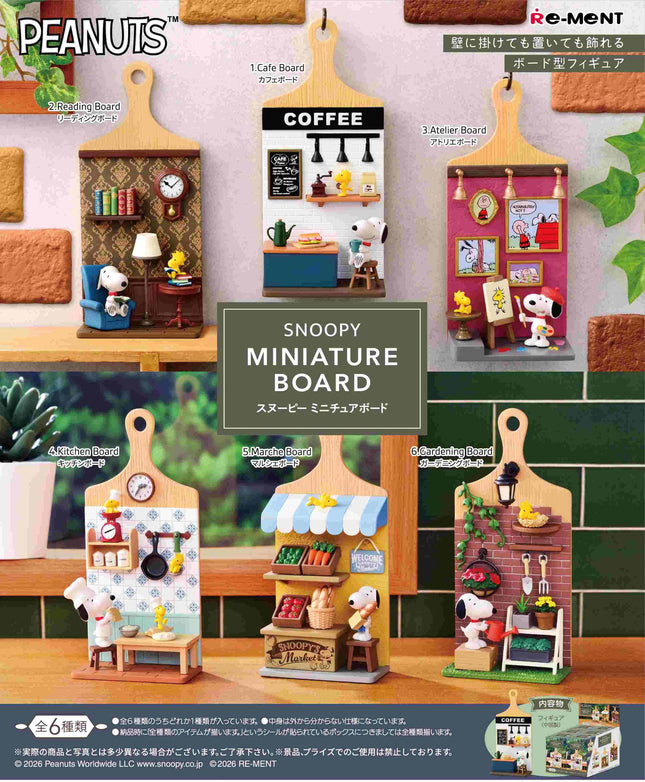The image is a collection of six miniature figurines depicting scenes from the Peanuts comic strip, including a coffee shop, a garden, and a kitchen.