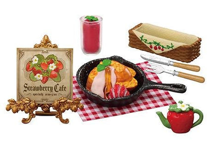 a variety of food and drink items, including a sign for a strawberry cafe, a cast iron skillet with a meal inside, a teapot, a glass of juice, a cake, a fork, a knife, and a basket.