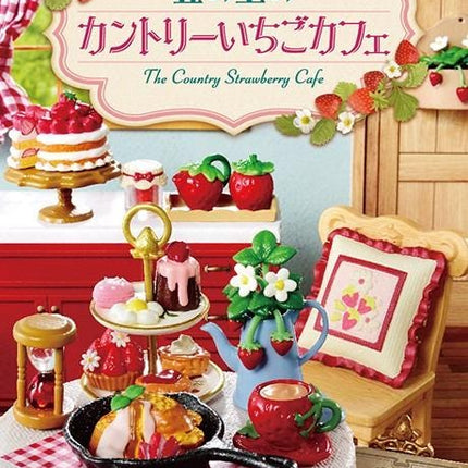 The image is a vibrant and colorful advertisement for a miniature cafe, featuring various food items and decorations such as cakes, apples, and a teapot, all set against a backdrop of a red and white checkered tablecloth.