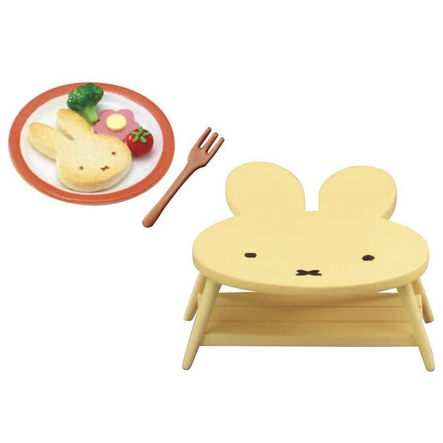 Miniature wooden chair with rabbit face and small food plate accessory