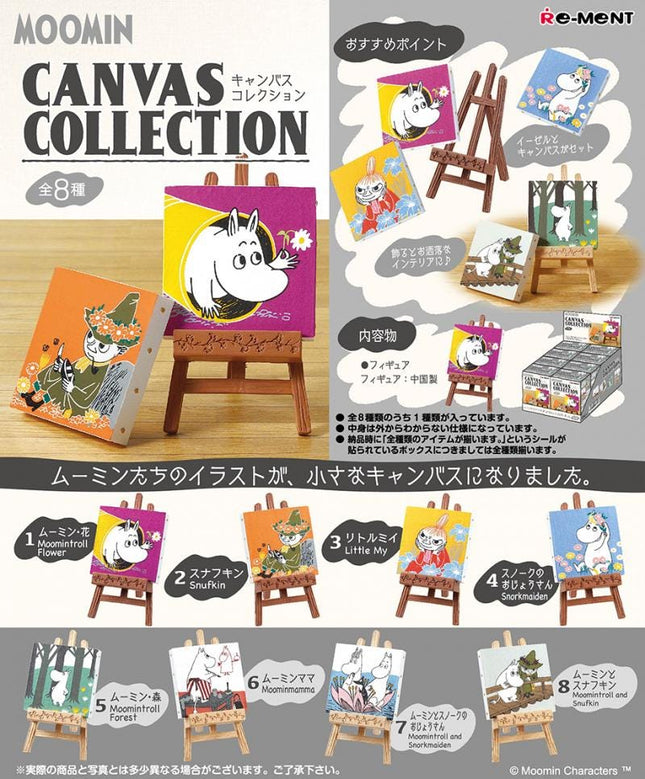 The image is a promotional advertisement for a collection of Moomin-themed canvas art. It features various canvas art pieces, including paintings and drawings of Moomin characters, displayed on easels and in boxes. The text in the image is in Japanese and provides information about the collection, including the price and the number of items available.