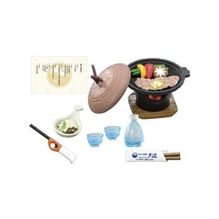 various objects related to cooking and food preparation, including a teapot, a bowl, a bottle, chopsticks, and a plate of food.