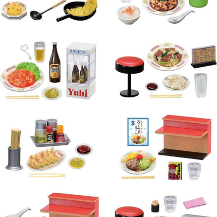 various food items and utensils, including plates of food, bottles, cups, bowls, chopsticks, and a TV. The arrangement of these items suggests a diverse selection of dishes and dining items, possibly representing a restaurant or a home setting.