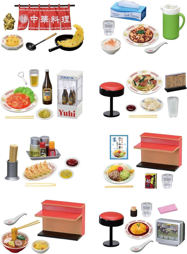 various food items and utensils, including plates of food, bottles, cups, bowls, chopsticks, and a TV. The arrangement of these items suggests a diverse selection of dishes and dining items, possibly representing a restaurant or a home setting.