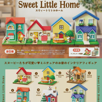 The image is a collection of six different miniature houses, each with unique features and decorations, arranged in a row. The houses are designed to resemble a Peanuts-themed sweet little home, with various elements such as trees, animals, and other decorative items. The houses are arranged in a way that showcases their distinct characteristics and creates a visually appealing display.