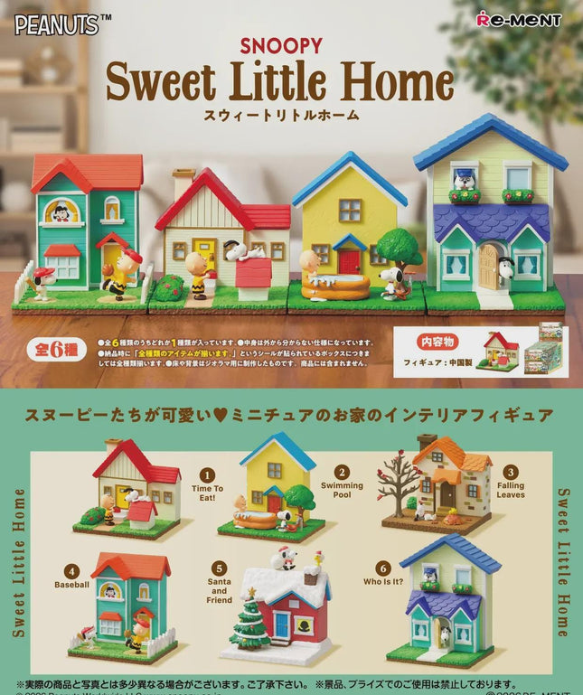 The image is a collection of six different miniature houses, each with unique features and decorations, arranged in a row. The houses are designed to resemble a Peanuts-themed sweet little home, with various elements such as trees, animals, and other decorative items. The houses are arranged in a way that showcases their distinct characteristics and creates a visually appealing display.