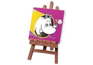 A small wooden easel with a painting of a cartoon character on it.