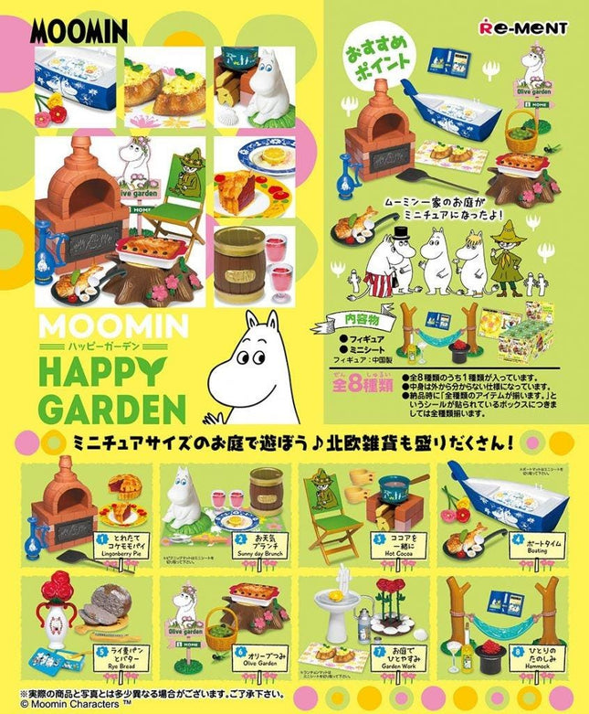 The image is a collage of various Moomin-themed collectible items, including miniature figurines, toys, and other memorabilia. The collage features a variety of Moomin characters and objects, such as a miniature oven, a picnic table, and a garden scene. The collage is visually appealing and showcases the diverse range of Moomin-themed collectibles available.