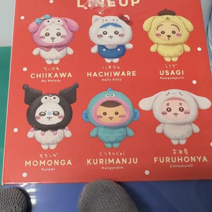 a collection of six cute, cartoon-like characters in various poses and outfits, arranged in a grid-like pattern on a red background.