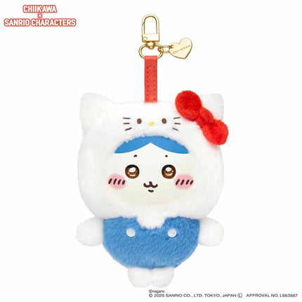 A plush toy of a character from the Sanrio animated series, featuring a white fur coat, blue overalls, and a red bow on its head.