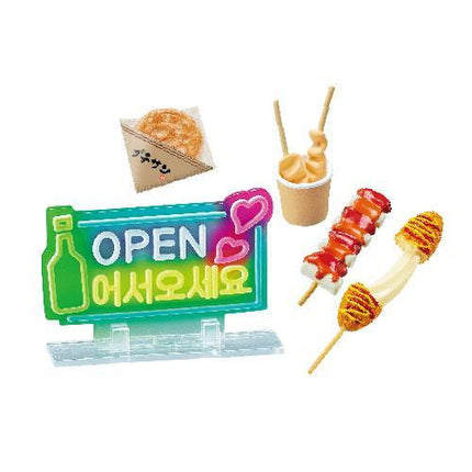 various food items and a neon sign, including a sandwich, a cup of ice cream, a hot dog, and a sign that says "OPEN".