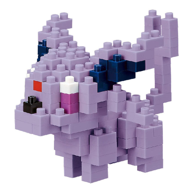 A purple LEGO minifigure made up of numerous small LEGO bricks in various colors, including purple, blue, and black.