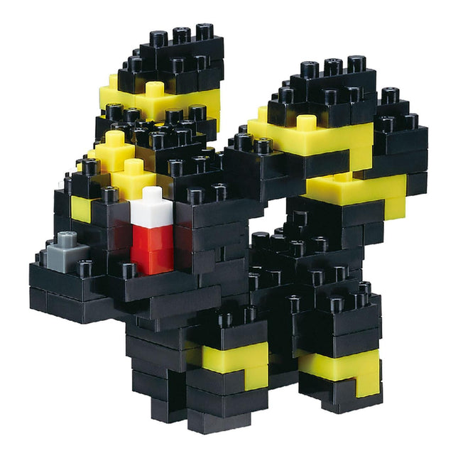 A black and yellow LEGO Eevee figurine made up of numerous small bricks.