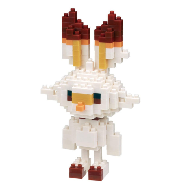 A pixelated toy rabbit made of small white and red blocks.