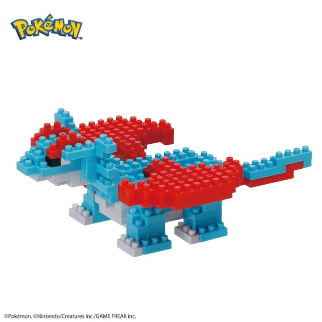 A Pokemon-themed building block toy in the shape of a dragon, with red and blue colors.