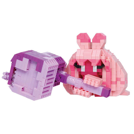 A pink and purple Lego figure holding a purple and pink striped object, with a purple and pink striped object in the background.