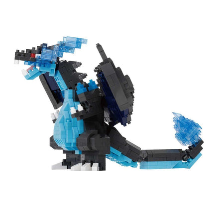 A blue and black LEGO dragon figurine is shown against a white background.