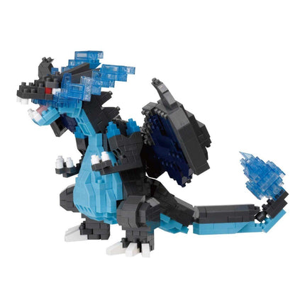 A toy dragon made of colorful building blocks, with a blue and black color scheme.