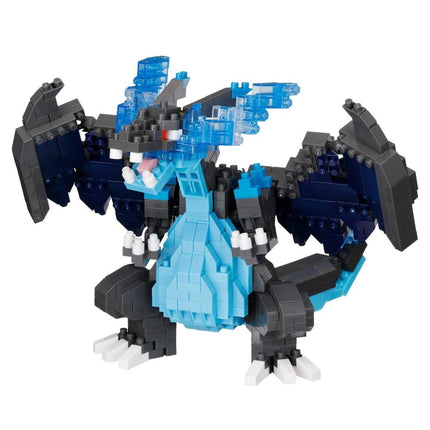 A blue and black LEGO dragon toy with a fierce expression and sharp teeth.