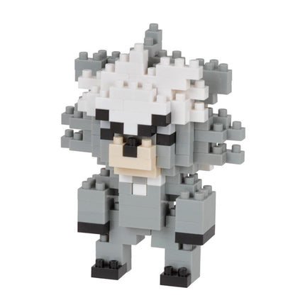 A gray and white pixelated toy figure made up of numerous small blocks.