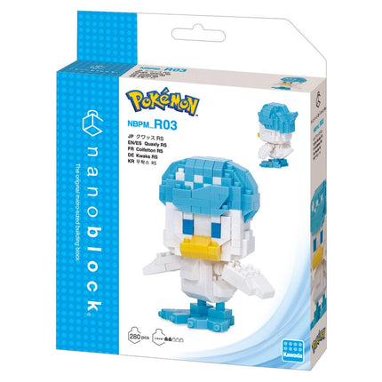 a Pokemon-themed packaging for a Nano-block set. The packaging is predominantly blue and white, with the Pokemon logo prominently displayed. The packaging includes a detailed image of the set itself, showcasing the various pieces that make up the Nano-block set.