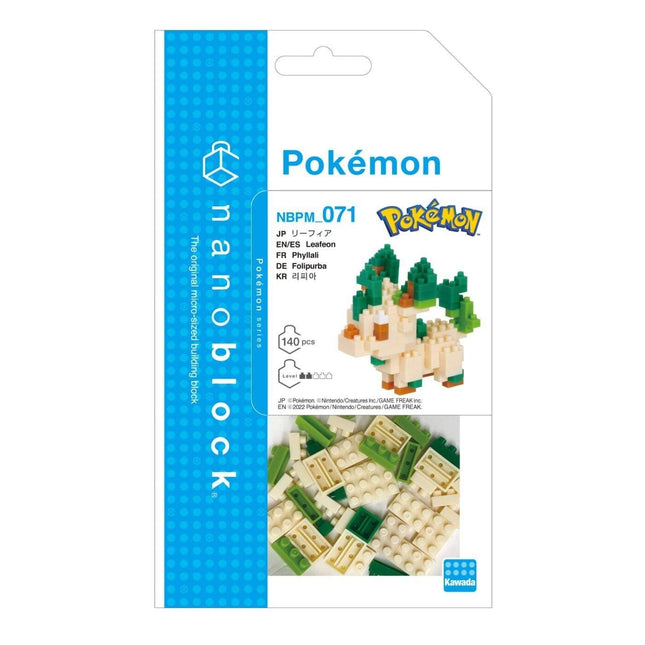 The image is a packaging for a Pokemon-themed microblock set, specifically the Pokemon Leaflet, which is a type of Pokemon. The packaging features a close-up of the leaflet and a collage of various Pokemon-themed images.