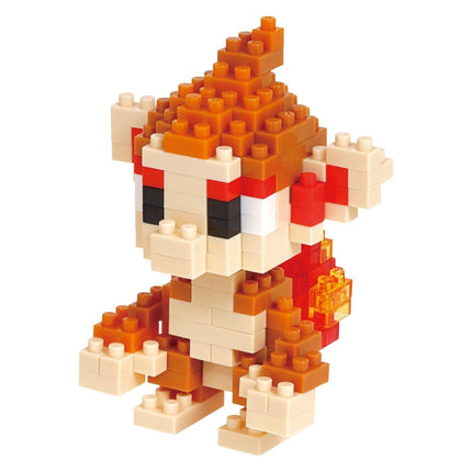 A colorful, pixelated toy made of small building blocks in shades of orange, red, and beige.