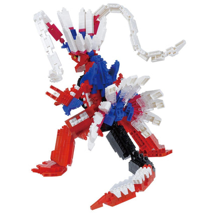 A colorful and intricate LEGO figure, composed of various red, white, and blue LEGO bricks, is shown in the image.