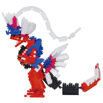 A colorful and intricate LEGO figure made up of various pieces in red, blue, and white colors.