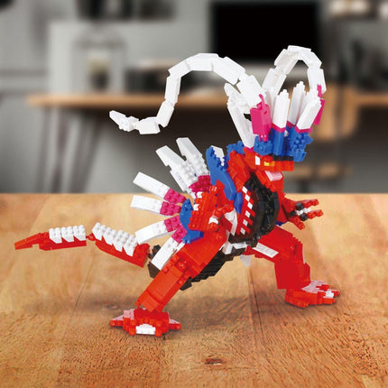 A colorful and intricate LEGO dinosaur figurine is displayed on a wooden surface, with a blurred background.
